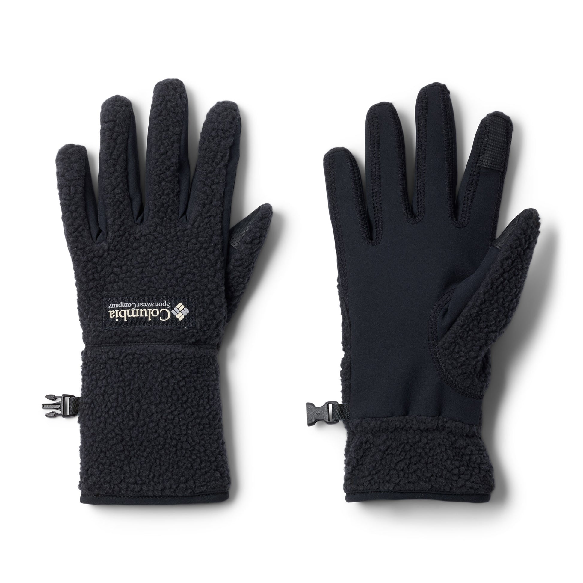 Columbia Women's Helvetia™ II Sherpa Gloves, black, flat view with one glove palm down and the other palm up