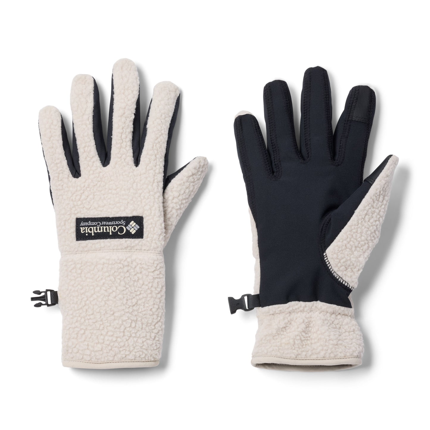 Columbia Women's Helvetia™ II Sherpa Gloves, dark stone, flat view with one glove palm down and the other palm up