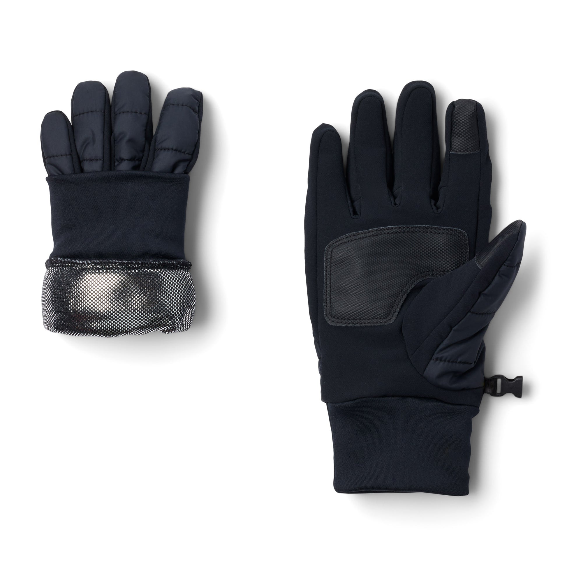 Columbia Men's Powder Lite™ II Gloves, black, flat view with one glove hem rolled up to show omni-heat silver lining