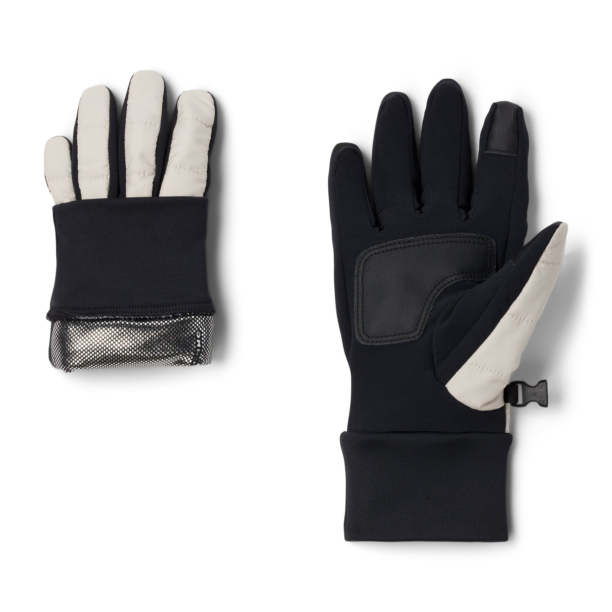 Columbia Women's Powder Lite™ II Gloves, dark stone, flat view with one glove with cuff rolled up to show omni-heat silver lining