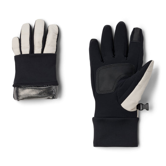 Product Image – Columbia Women's Powder Lite™ II Gloves, dark stone, flat view with one glove with cuff rolled up to show omni-heat silver lining