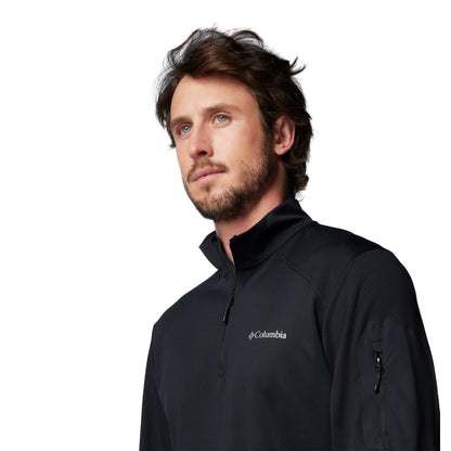 Top half of man wearing Columbia Men's Columbia Tech™ Knit Quarter Zip Pullover in black