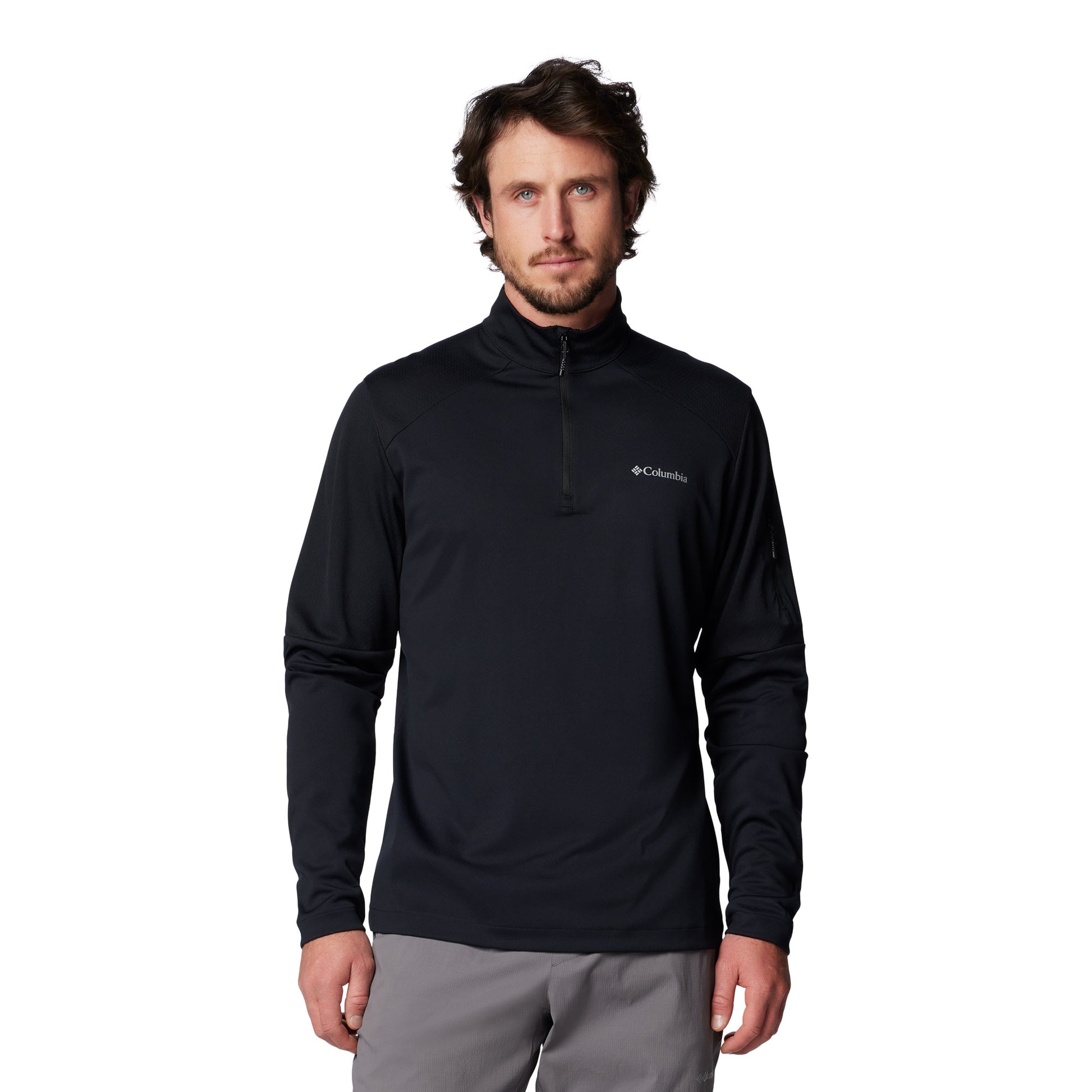 Man wearing Columbia Men's Columbia Tech™ Knit Quarter Zip Pullover in black, front view