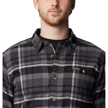 Top half of man wearing Columbia Men's Pitchstone™ Heavyweight Flannel II in black multi plaid, black, grey, and white colour, front view, buttoned