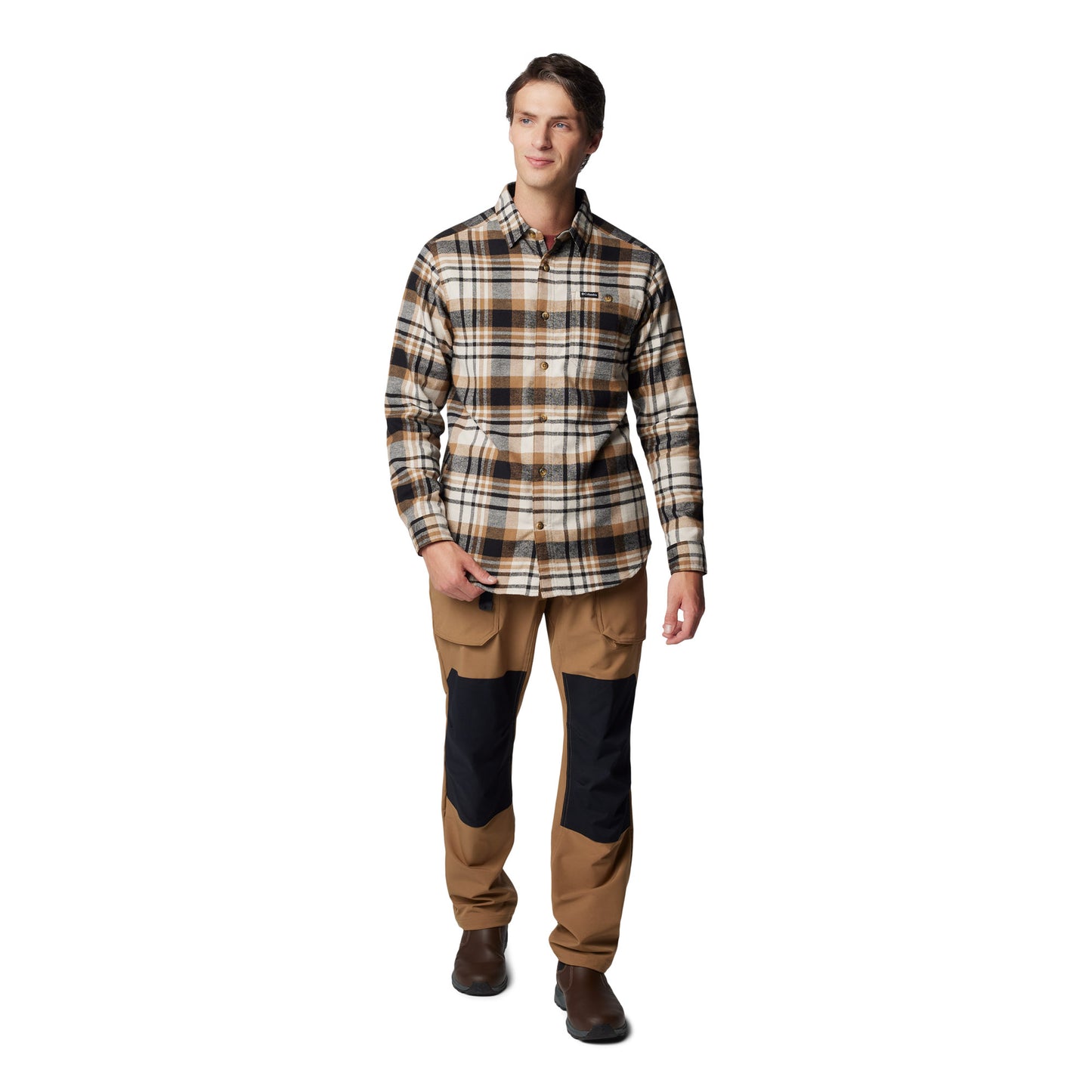 Man wearing Columbia Men's Pitchstone™ Heavyweight Flannel II in delta multi plaid, black, tan, and beige colour, front view