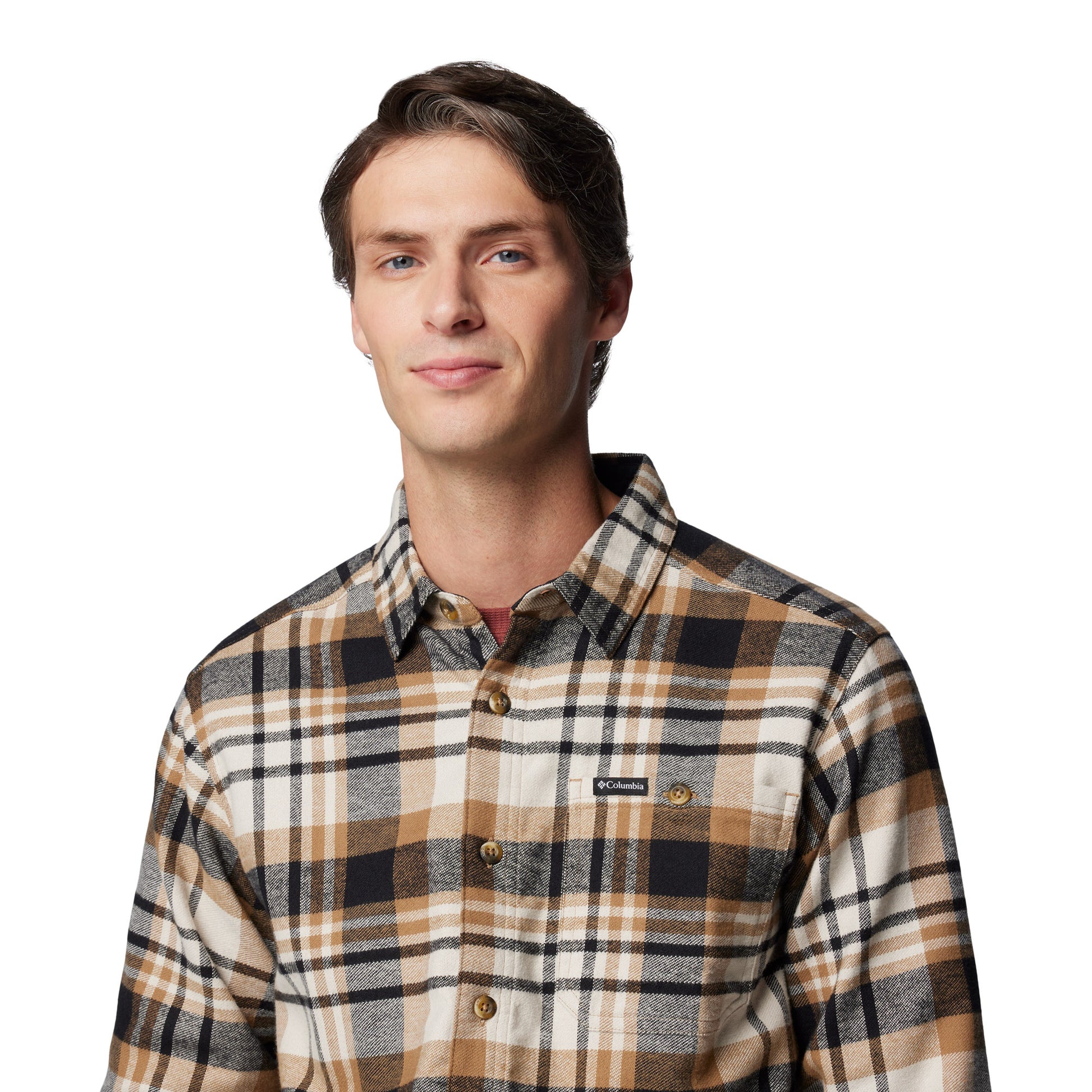 Top half of man wearing Columbia Men's Pitchstone™ Heavyweight Flannel II in delta multi plaid, black, tan, and beige colour, front view, buttoned up