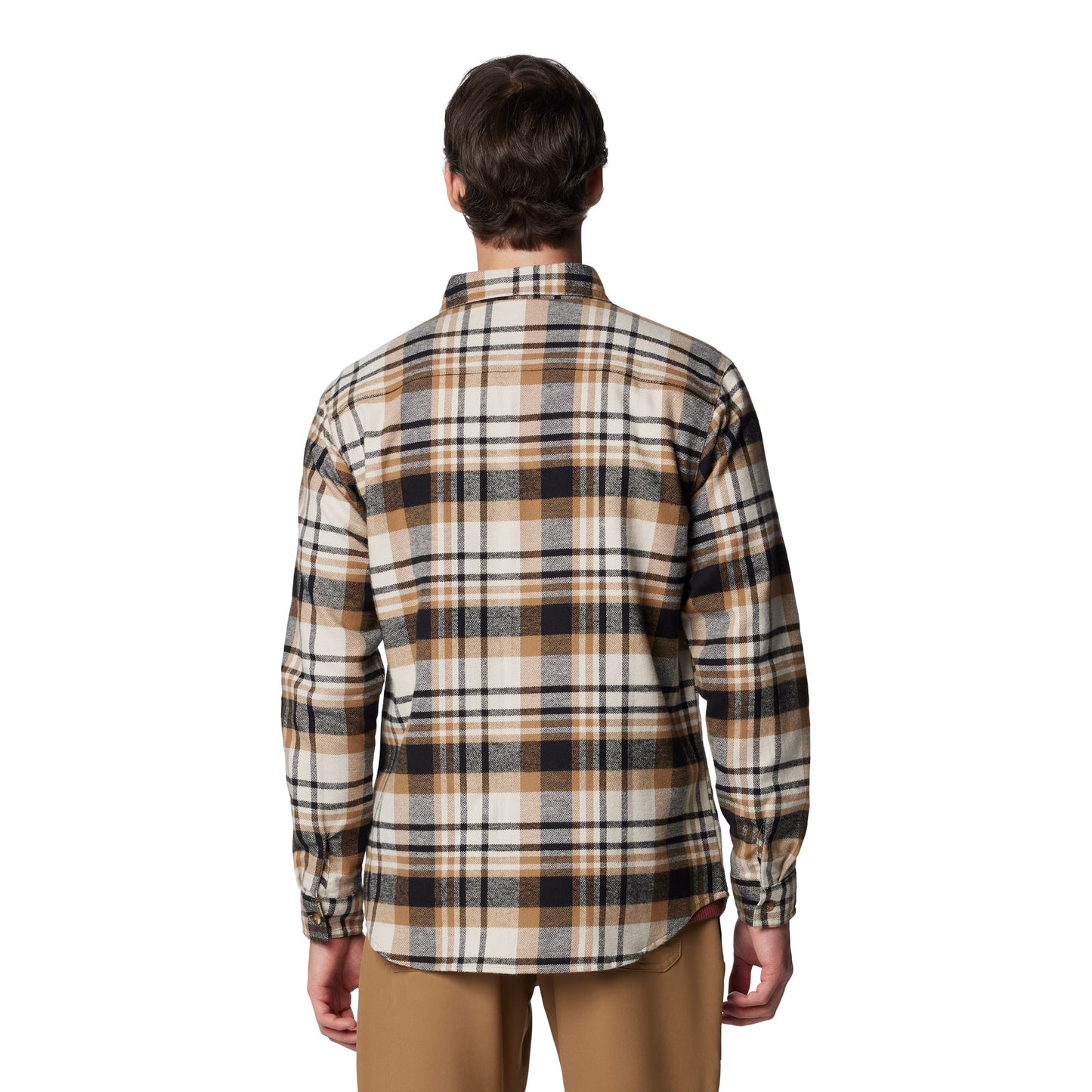 Man wearing Columbia Men's Pitchstone™ Heavyweight Flannel II in delta multi plaid, black, tan, and beige colour, back view