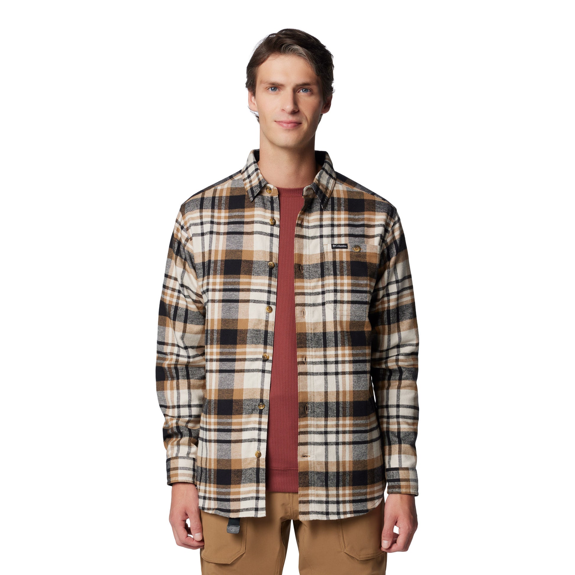 Man wearing Columbia Men's Pitchstone™ Heavyweight Flannel II in delta multi plaid, black, tan, and beige colour, front view, unbuttoned