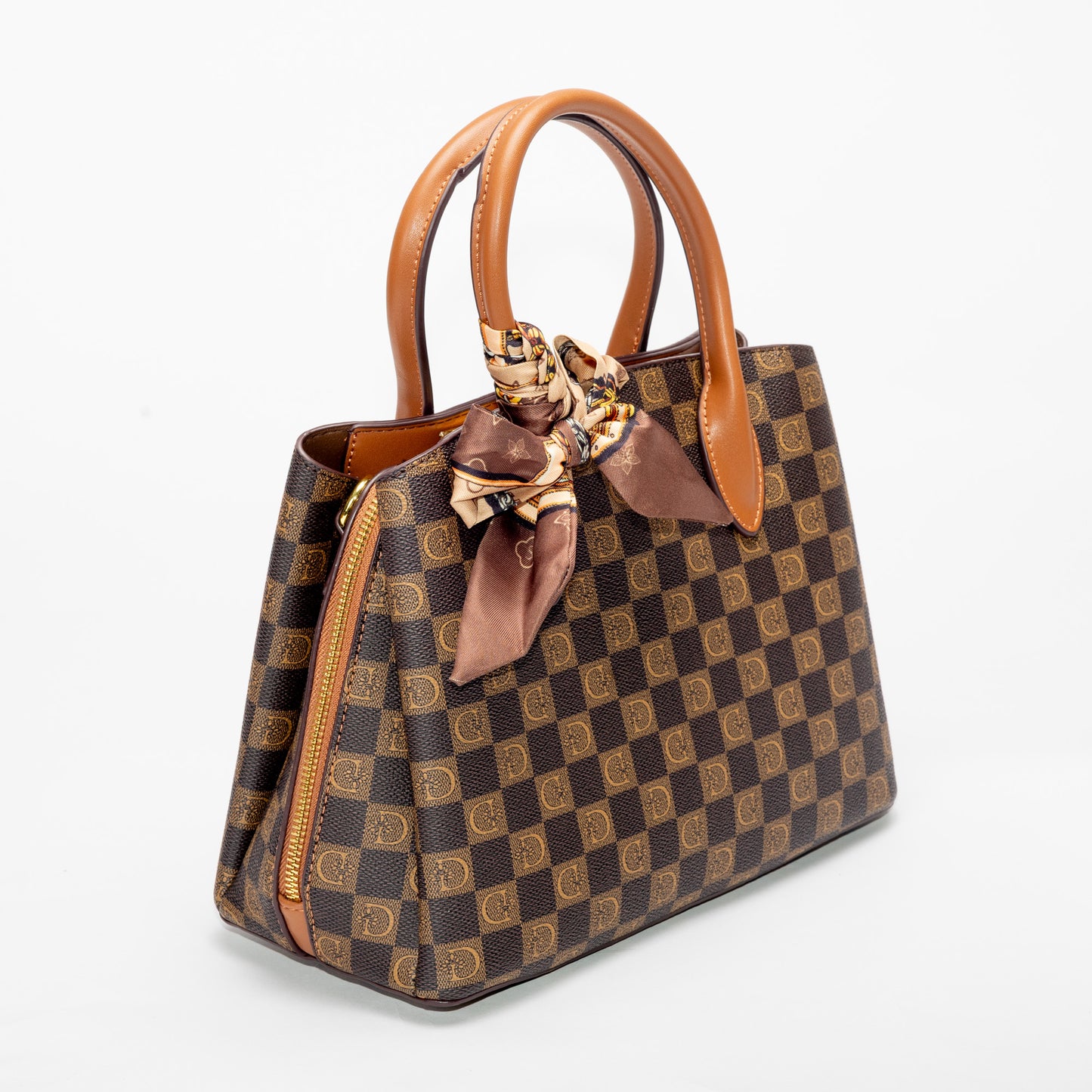 Miss Caprice Signature Satchel with Scarf—a chic checkered handbag with tan handles by Miss Caprice.