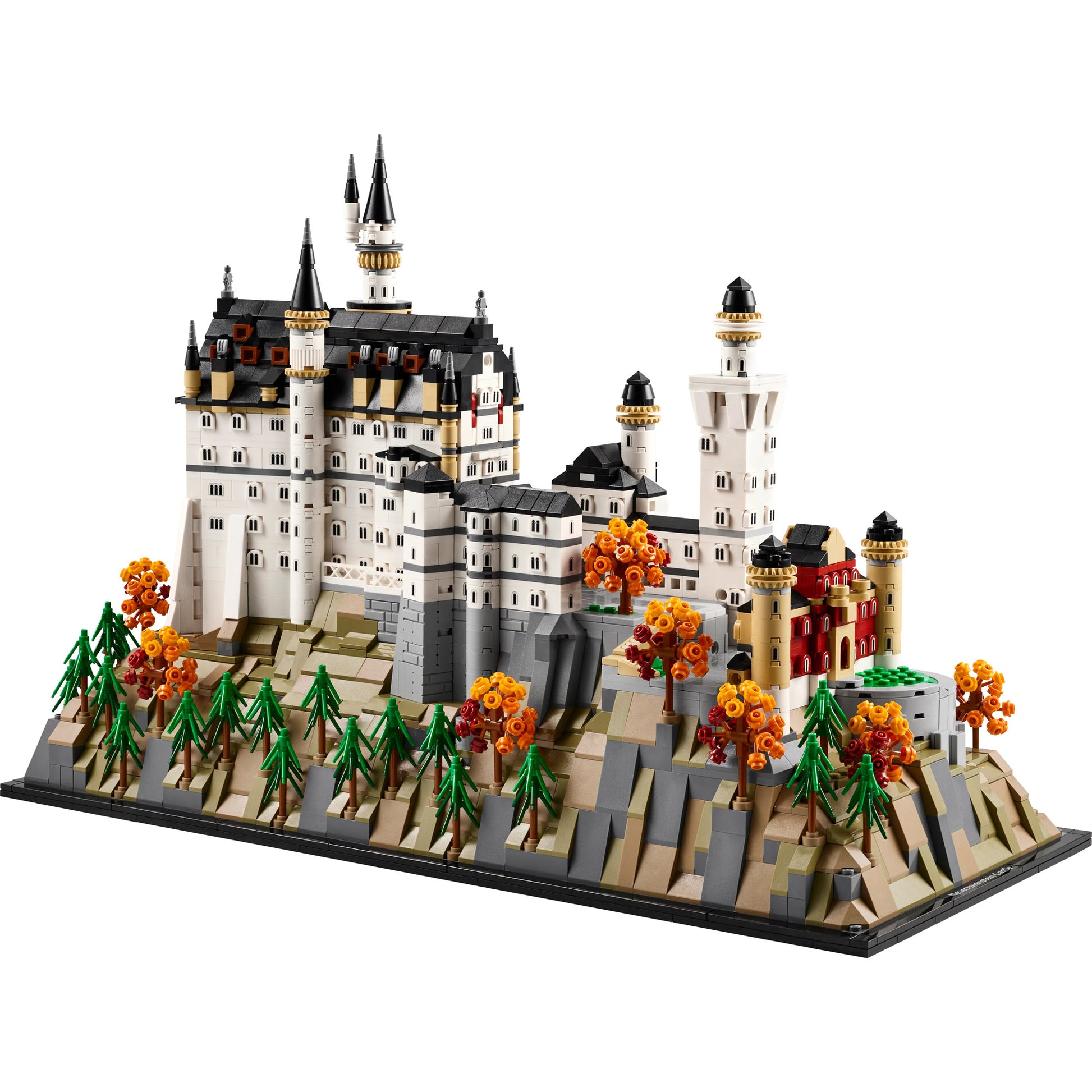 LEGO® Neuschwanstein Castle set with towers and autumn trees—an ideal gift for architecture enthusiasts.