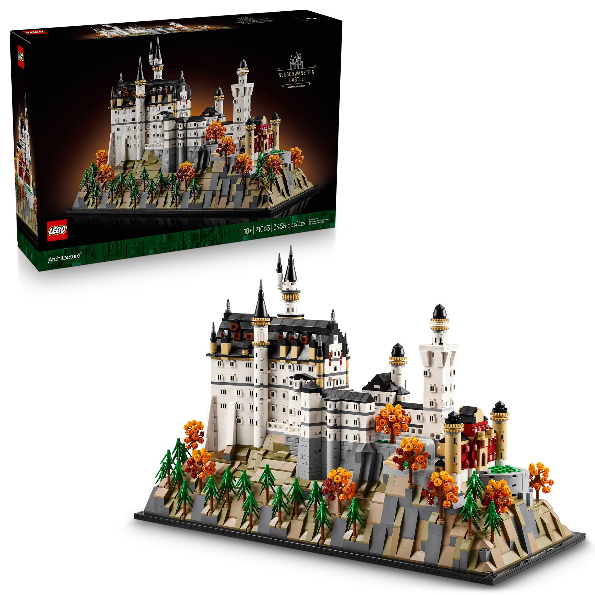 LEGO® Neuschwanstein Castle set is built and displayed, with its box in the background.