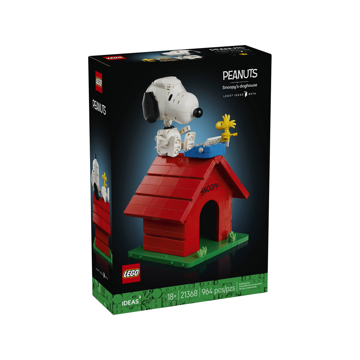 LEGO® Peanuts: Snoopy’s Doghouse set includes Snoopy and Woodstock figures on the classic red doghouse.