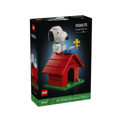 LEGO® Peanuts: Snoopy’s Doghouse set includes Snoopy and Woodstock figures on the classic red doghouse.
