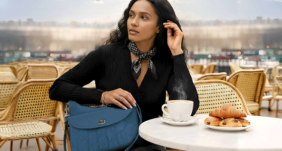 Gif of individuals traveling, woman sitting n a cafe with turquoise purse, man walking down by a river with black backpack, and a man traveling with fanny-pack.