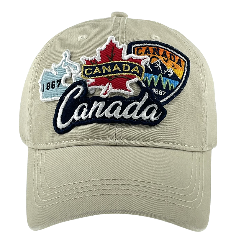 Northern Icons Canada Patch Embroidery Cap features three front patches with maple leaf and mountain designs.