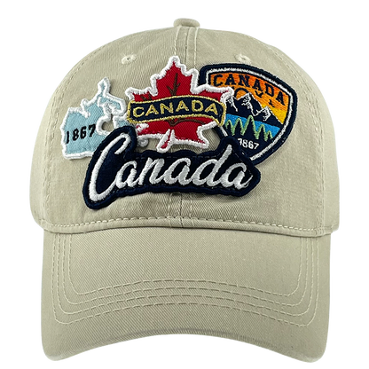 Northern Icons Canada Patch Embroidery Cap features three front patches with maple leaf and mountain designs.