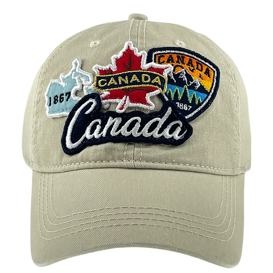 Product Image – Northern Icons Canada Patch Embroidery Cap features three front patches with maple leaf and mountain designs.
