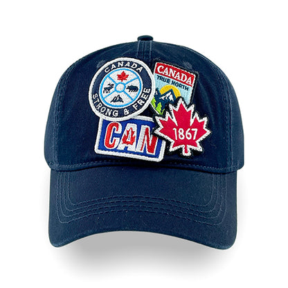 Northern Icons Canada Embroidery Badge Cap in navy with Canada patches on front.