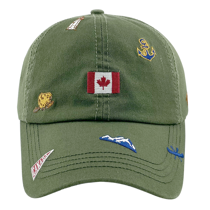 Northern Icons Canada All-Over Embroidery Cap featuring Canadian symbols like flag, anchor, and mountain.