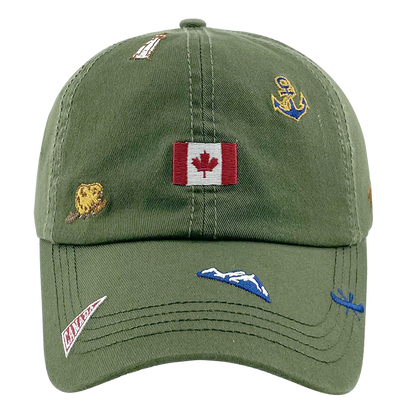 Northern Icons Canada All-Over Embroidery Cap featuring Canadian symbols like flag, anchor, and mountain.