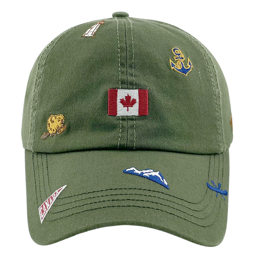 Product Image – Northern Icons Canada All-Over Embroidery Cap featuring Canadian symbols like flag, anchor, and mountain.