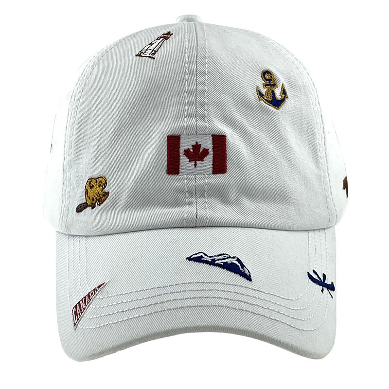 Northern Icons Canada All-Over Embroidery Cap features flag, anchor, beaver, dragonfly & mountain images.