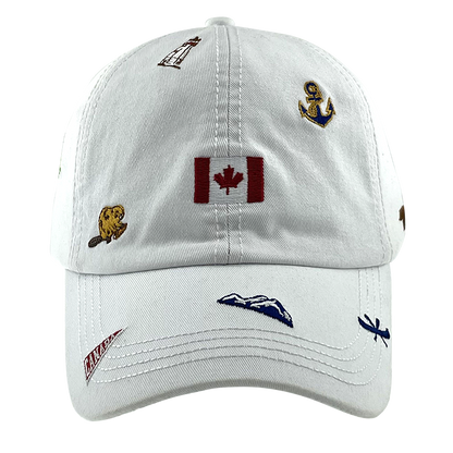 Northern Icons Canada All-Over Embroidery Cap features flag, anchor, beaver, dragonfly & mountain images.