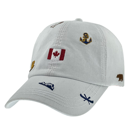 Northern Icons Canada All-Over Embroidery Cap with off white fabric and iconic Canadian symbols.