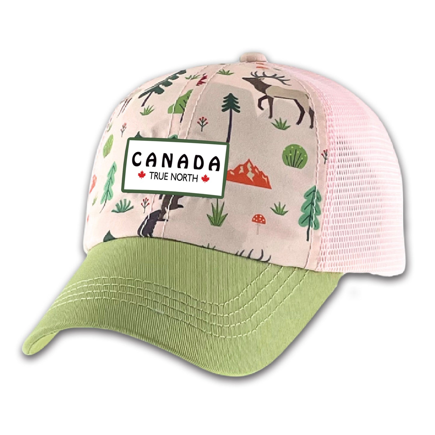 Northern Icons Kids Canada Mountain Wildlife Cap with green brim and pink mesh; ONLINE ONLY.