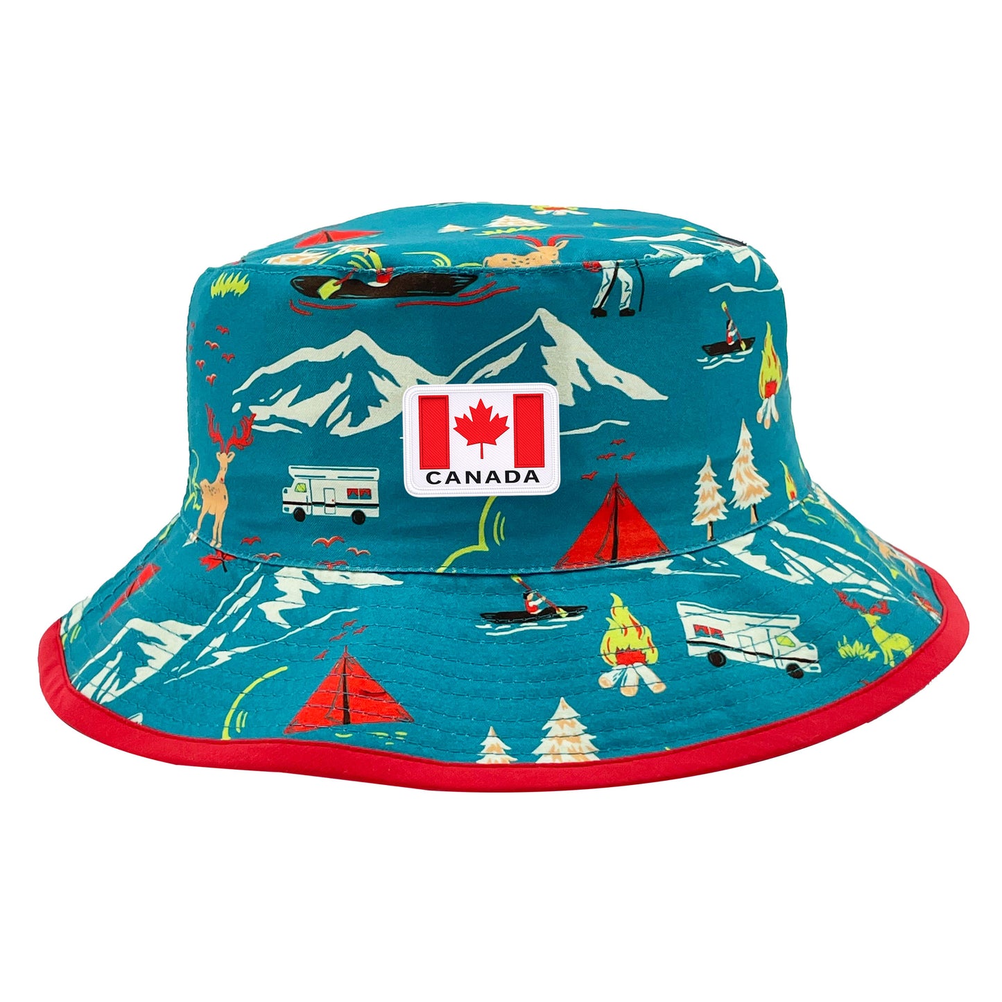 Northern Icons Kids Reversible Canada Camping Bucket Hat featuring camping icons on a teal background with red border and Canada patch on front.  