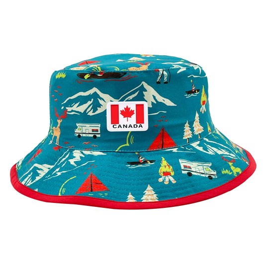 Product Image – Northern Icons Kids Reversible Canada Camping Bucket Hat featuring camping icons on a teal background with red border and Canada patch on front.  