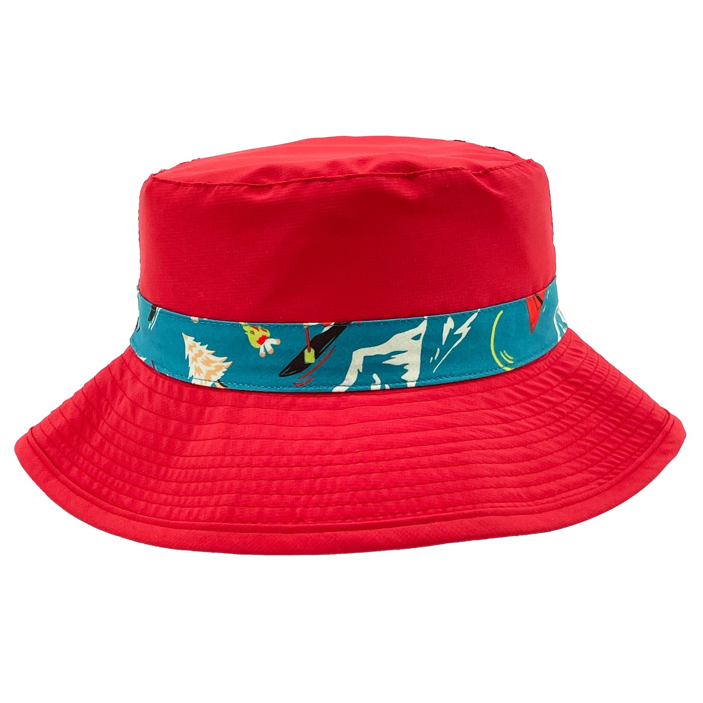 Northern Icons Kids Reversible Canada Camping Bucket Hat reverse side is solid red with strip around crown that matches other side.