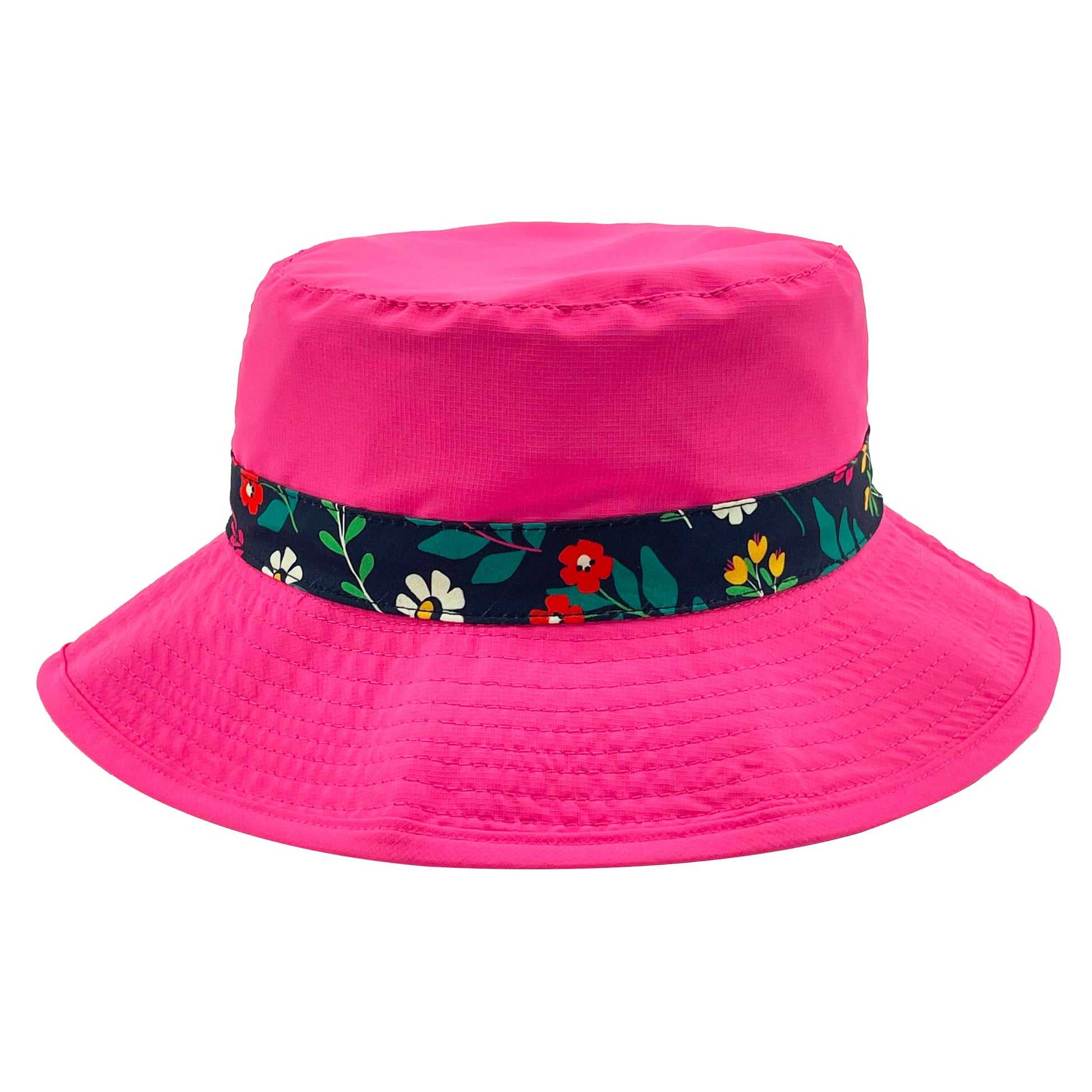 Northern Icons Kids Canada Floral Bucket Hat, reversible with UV protection, pink/dark floral. ONLINE ONLY.