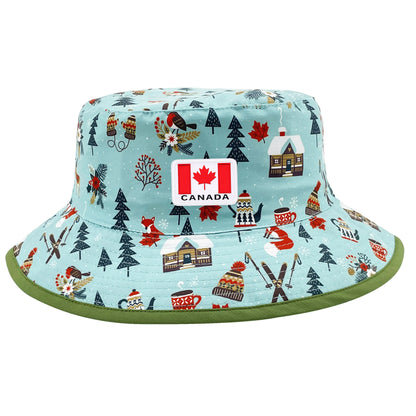 Northern Icons Kids Reversible Winter Cabin Bucket Hat with green rim, tree print & Canada flag patch.