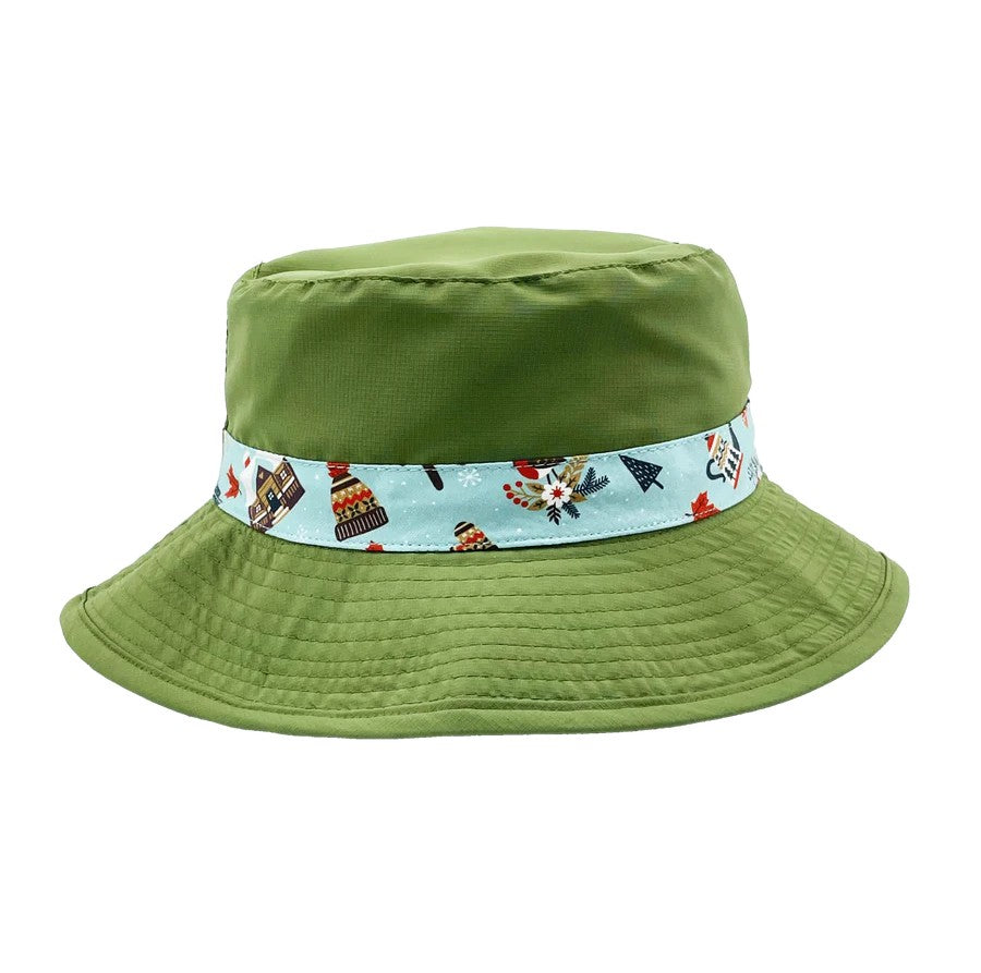 Northern Icons Kids Reversible Winter Cabin Bucket Hat with travel icons and blue band – ONLINE ONLY.