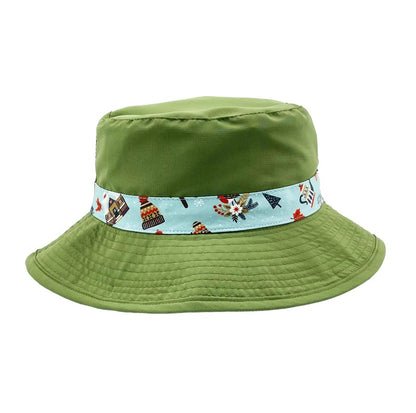 Northern Icons Kids Reversible Winter Cabin Bucket Hat with travel icons and blue band – ONLINE ONLY.