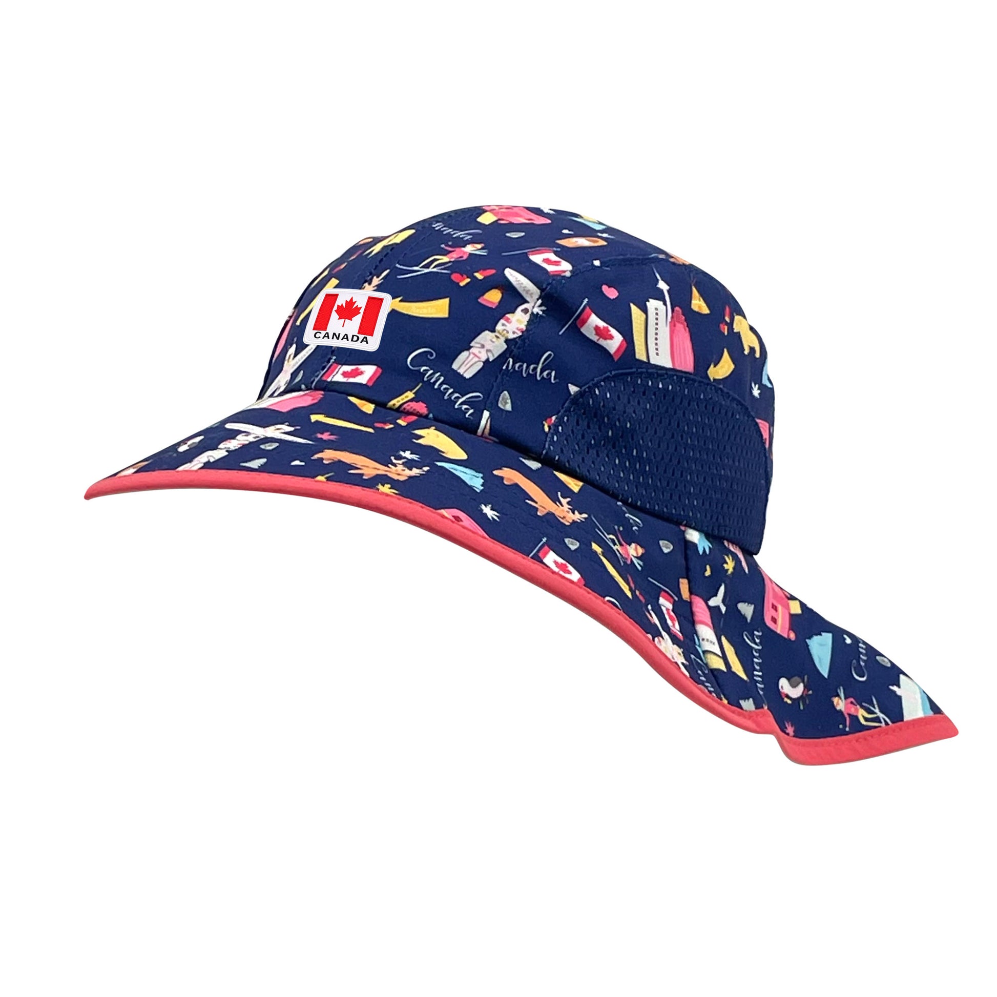 Northern Icons Kids Heritage Icons Adventure Bucket Hat in blue with Canada print and red border, long neck piece and venting on sides.