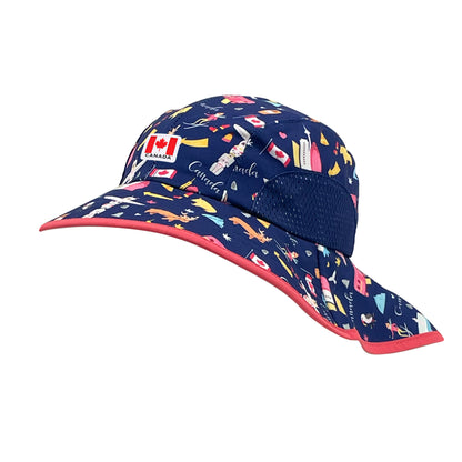 Northern Icons Kids Heritage Icons Adventure Bucket Hat in blue with Canada print and red border, long neck piece and venting on sides.
