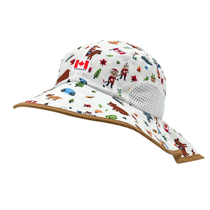 Northern Icons Kids Heritage Icons Adventure Bucket Hat in white with Canada print and brown border, long neck piece and venting on sides.