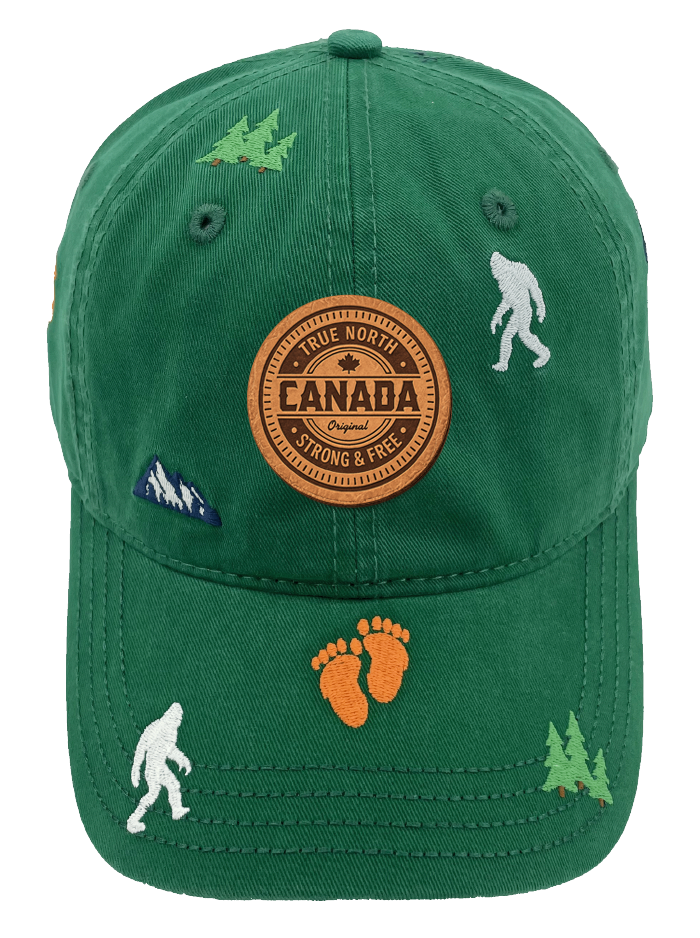 Northern Icons Canada Mountain Yeti Embroidered Cap in green with Canada patch on front and embroidered yetis, footprints, trees and mountains all over.