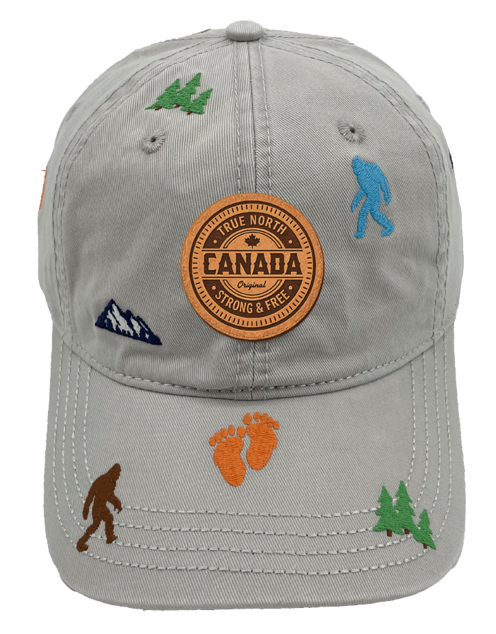 Northern Icons Canada Mountain Yeti Embroidered Cap in light grey with Canada patch on front and embroidered yetis, footprints, trees and mountains all over.