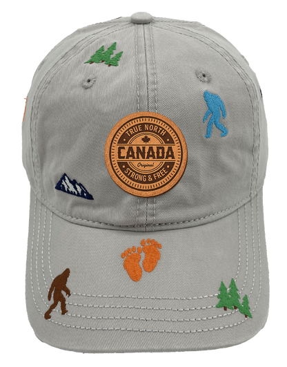 Northern Icons Canada Mountain Yeti Embroidered Cap in light grey with Canada patch on front and embroidered yetis, footprints, trees and mountains all over.