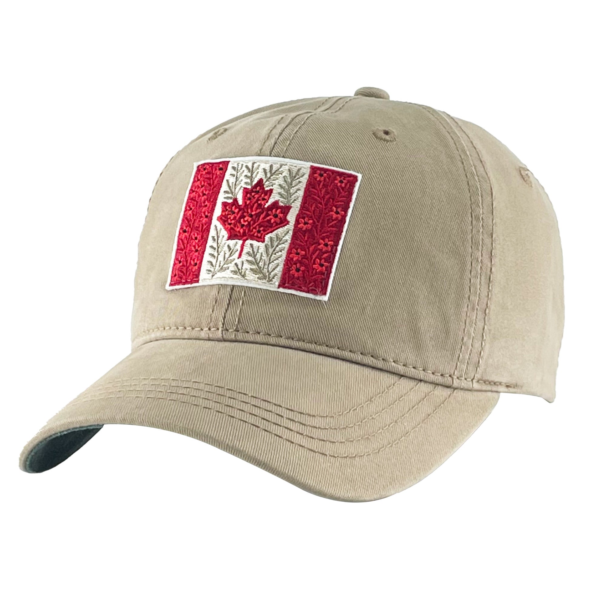 Northern Icons Canada Flag Embroidery Badge Cap in khaki with Canada flag patch on front.