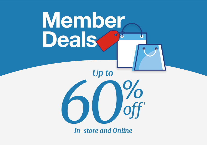 Member Deals Up to 60% off* In-store and Online. shopping bag icons and blue and white background.