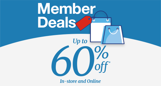 Member Deals Up to 60% off* In-store and Online. shopping bag icons and blue and white background.