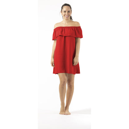 Barefoot woman in a terracotta red Cover Me Short Frill Airflo Cover Up stands against a plain white background.