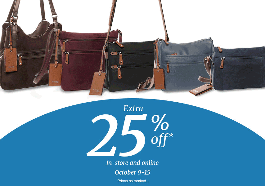 Animation of variation of 5 purses in brown, black, grey and navy. Extra 25% off* in-store and online Oct 9-15 Prices as marked. 