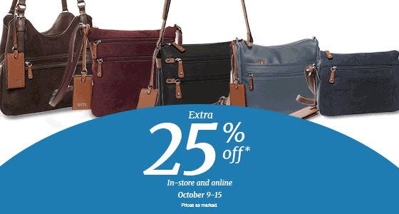 Animation of variation of 5 purses in brown, black, grey and navy. Extra 25% off* in-store and online Oct 9-15 Prices as marked. 