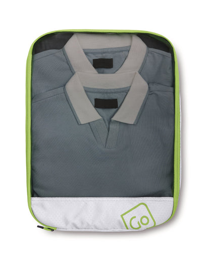 Two gray collared shirts in a Go Travel Deeper Packing Cube by Go Travel for garment protection.