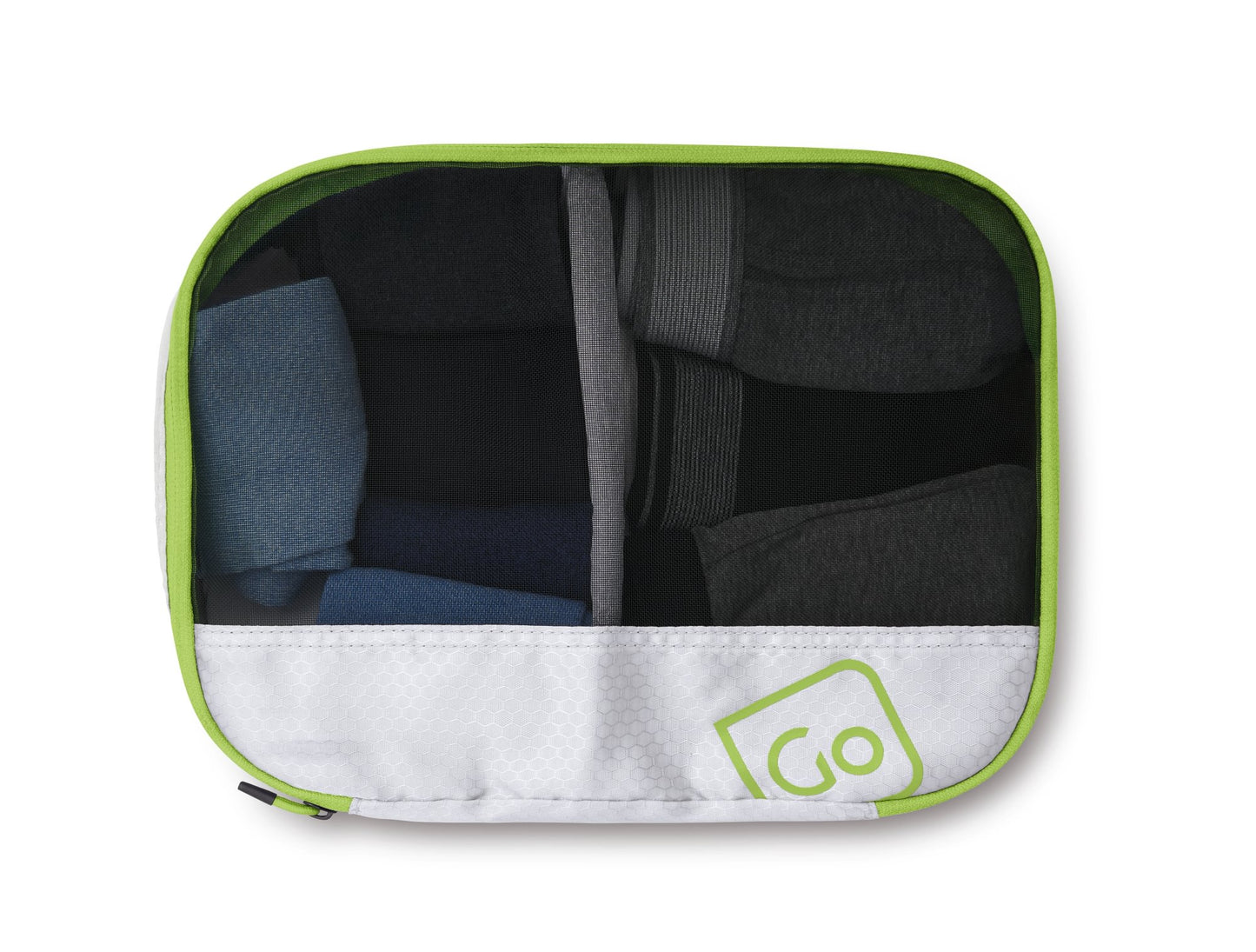 Go Travel Deeper Packing Cubes by Go Travel organize clothes into four sections with green trim.